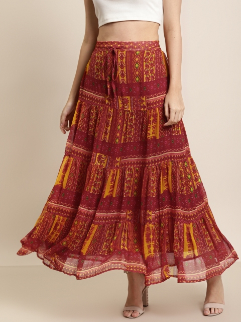

Juniper Women Mustard Yellow & Maroon Ethnic Motifs Printed Tiered Skirt