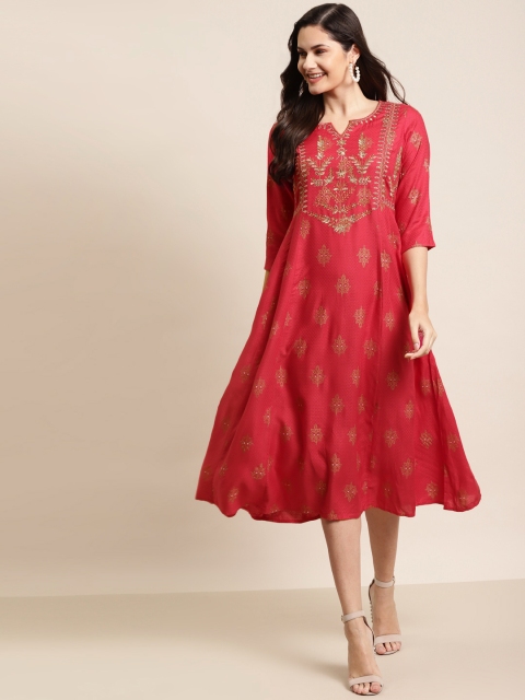 

Juniper Fuchsia & Gold Ethnic Motifs Embroidered Liva Ethnic Midi Dress