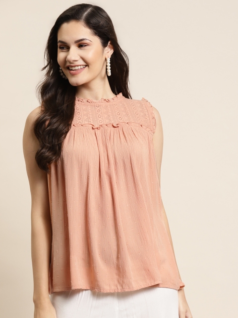 

Juniper Peach-Coloured Bohemian Self Design Liva Straight Top
