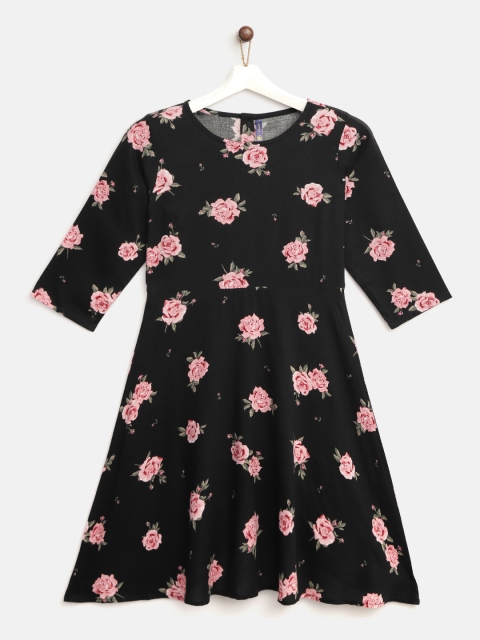 

YK Girls Black & Pink Floral Print Fit & Flare Dress