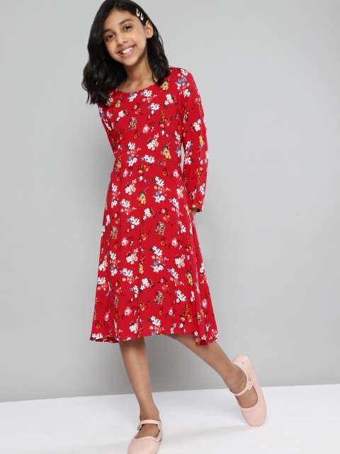 

YK Girls Red & White Floral Print Fit & Flare Dress