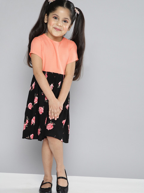 

YK Girls Peach-Coloured & Black Floral Printed Fit & Flare Dress