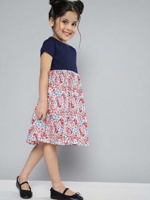 

YK Girls Navy Blue & White Ditsy Floral Printed Fit & Flare Dress