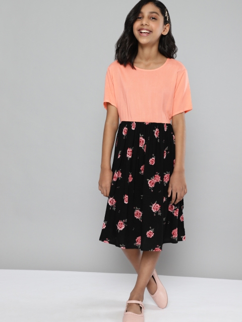 

YK Girls Peach-Coloured & Black Floral Print Fit & Flare Dress