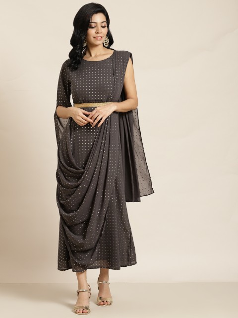 

Juniper Grey & Gold-Toned Ethnic Motifs Layered Georgette Ethnic Maxi Dress
