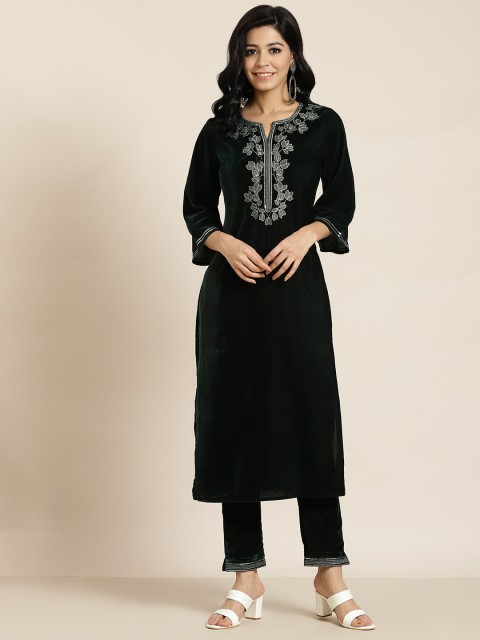 

Juniper Women Teal Yoke Design Regular Velvet Kurta with Trousers