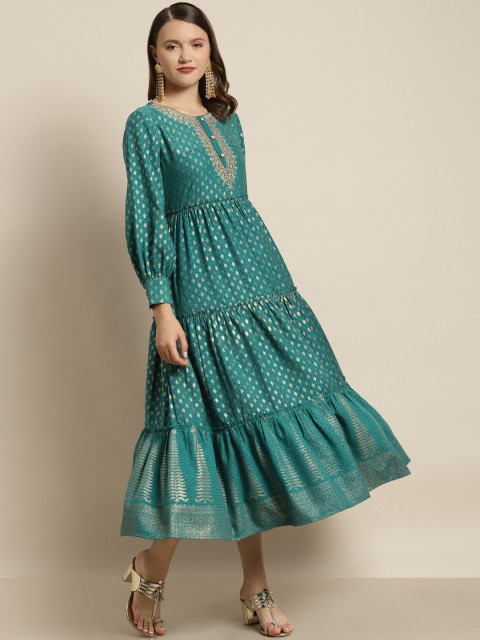 

Juniper Green & Golden Ethnic Motifs Print Tiered Maxi Dress
