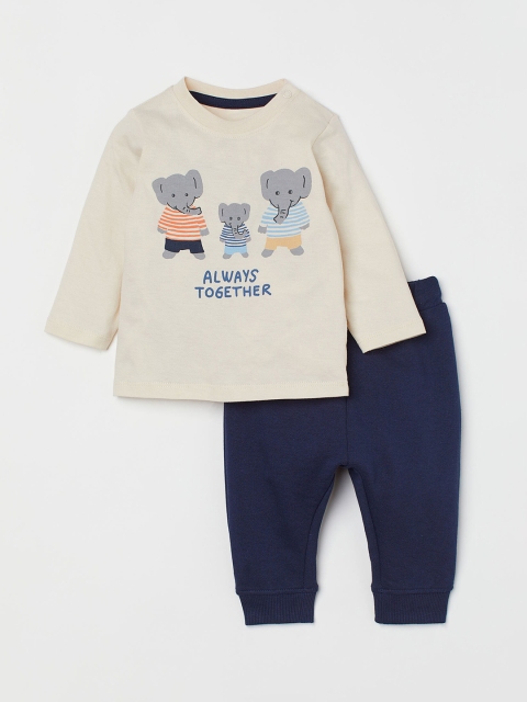 

H&M Boys Off-White & Navy Blue 2-Piece Printed Set