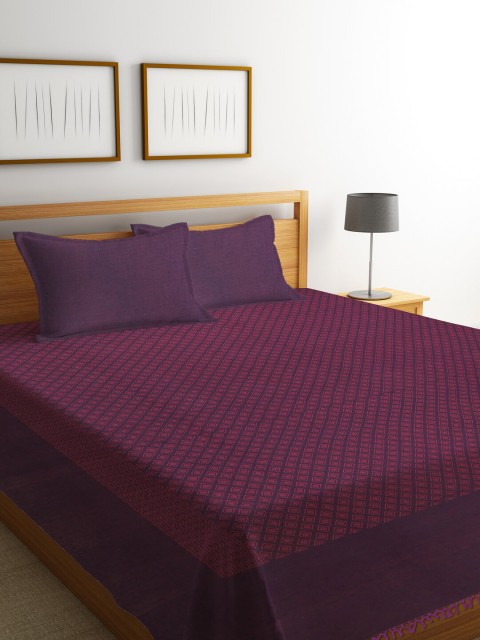 

NEUDIS Pink & Purple Cotton Hand Woven Jacquard Double Bed Cover With Pillow Covers