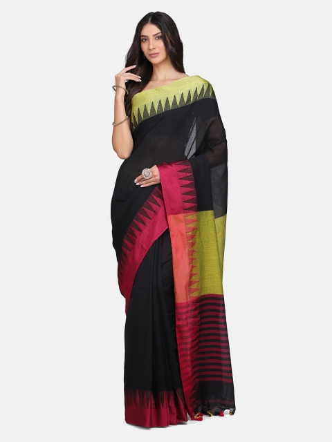 

Mirraw Black & Pink Woven Design Pure Linen Fusion Saree