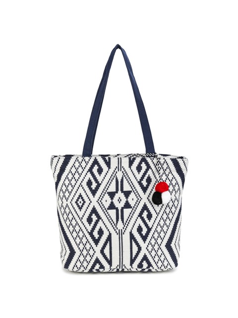 

ALII AND ALIIZEY Off-White & Navy Blue Geometric Jacquard & Canvas Shopper Tote Bag