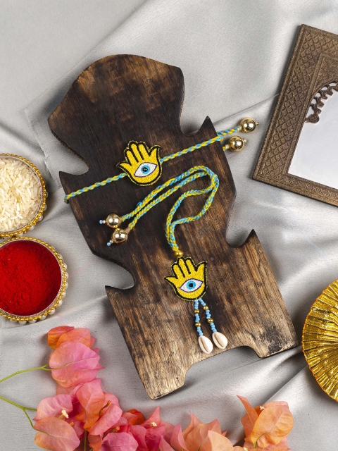 

Krafted with Happiness Gold-Toned & Yellow Embroidered Hamsa Rakhi & Lumba Set