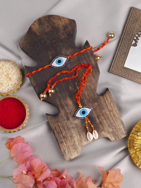 

Krafted with Happiness Unisex Set Of 2 Red & Gold-Toned Evil Eye Embroidered Rakhi Lumba Set