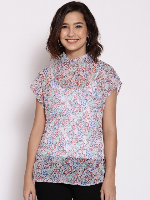 

Oxolloxo Women White & Blue Floral Extended Sleeves Regular Top