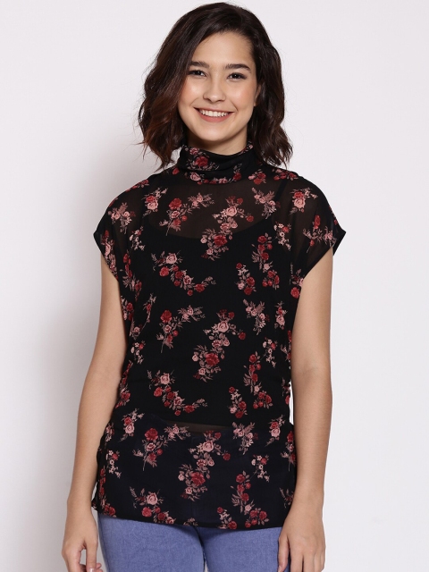 

Oxolloxo Women Black Floral Printed Extended Sleeves Top