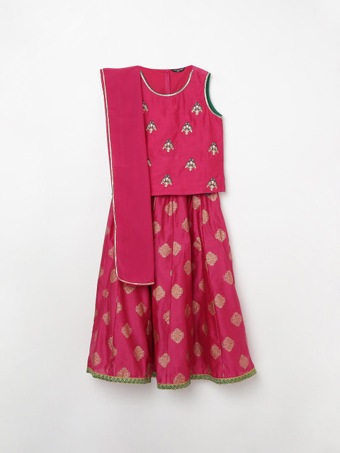 

Melange by Lifestyle Girls Fuchsia & Gold-Toned Embroidered Ready to Wear Lehenga & Blouse With Dupatta