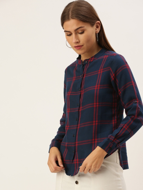 

AND Women Navy Blue & Red Checked Casual Shirt