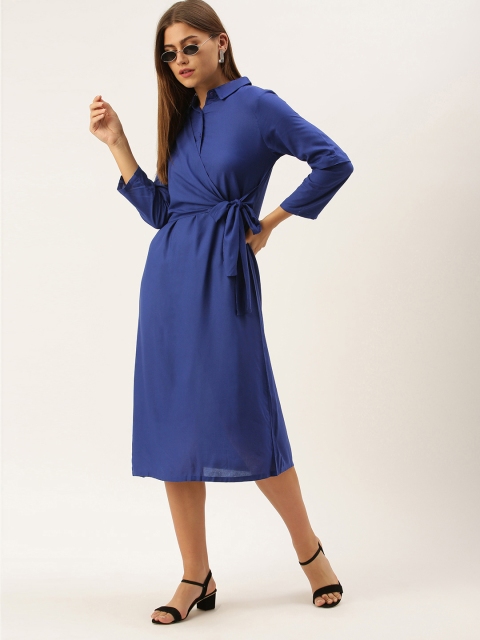 

AND Women Blue Solid Wrap Dress