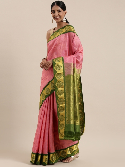 

The Chennai Silks Pink & Green Floral Zari Pure Silk Kanjeevaram Saree