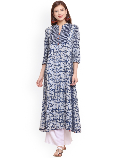 

Be Indi Navy & White Printed A-line Kurta, Navy blue