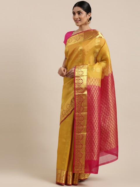 

The Chennai Silks Mustard Yellow & Gold-Toned Zari Pure Silk Kanjeevaram Saree