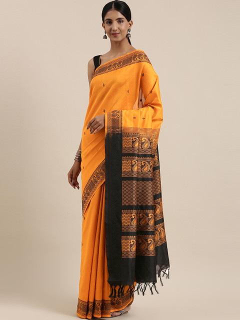 

The Chennai Silks Classicate Yellow & Black Woven Design Silk Cotton Maheshwari Saree, Mustard
