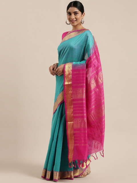 

The Chennai Silks Classicate Turquoise Blue Zari Silk Cotton Maheshwari Saree