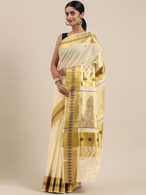 

The Chennai Silks Classicate Off White & Golden Woven Design Zari Pure Cotton Kasavu Saree
