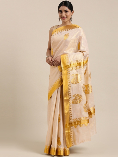 

The Chennai Silks Classicate Off White & Golden Woven Design Zari Pure Cotton Kasavu Saree