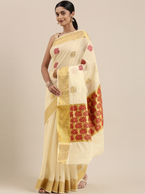

The Chennai Silks Classicate Off White & Golden Woven Design Zari Pure Cotton Kasavu Saree