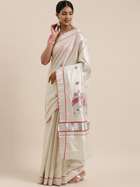 

The Chennai Silks Classicate Grey & Silver Embroidered Aari Work Pure Cotton Kasavu Saree