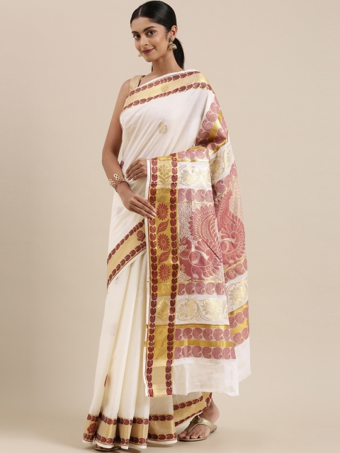 

The Chennai Silks Classicate Off White & Golden Woven Design Zari Pure Cotton Kasavu Saree