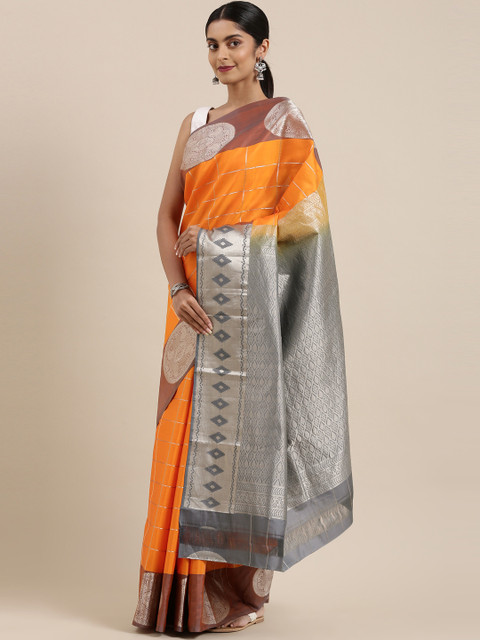 

The Chennai Silks Orange & Silver-Toned Checked Zari Pure Silk Kanjeevaram Saree