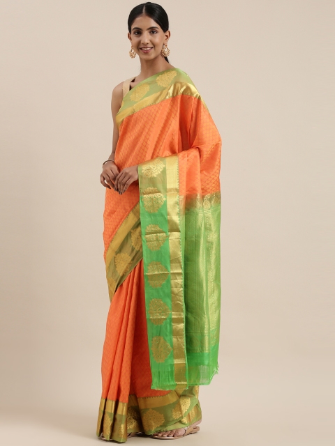 

The Chennai Silks Orange Floral Pure Silk Kanjeevaram Saree