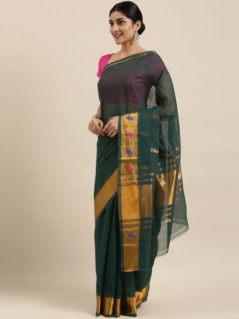 

The Chennai Silks Green & Gold-Toned Ethnic Motifs Zari Pure Cotton Venkatgiri Saree