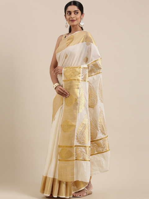 

The Chennai Silks Classicate Off White & Golden Woven Design Zari Pure Cotton Kasavu Saree