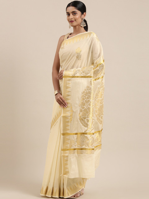 

The Chennai Silks Classicate Off White & Golden Woven Design Zari Pure Cotton Kasavu Saree