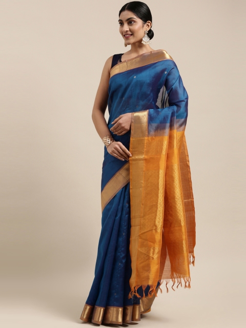 

The Chennai Silks Teal Blue & Gold-Toned Zari Silk Cotton Maheshwari Saree