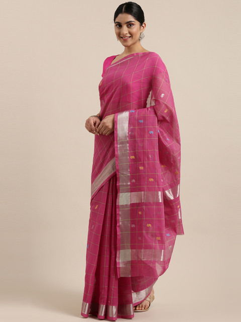 

The Chennai Silks Pink & Green Checked Zari Pure Cotton Venkatgiri Saree