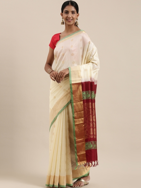 

The Chennai Silks Classicate Cream & Golden Woven Design Silk Cotton Maheshwari Saree