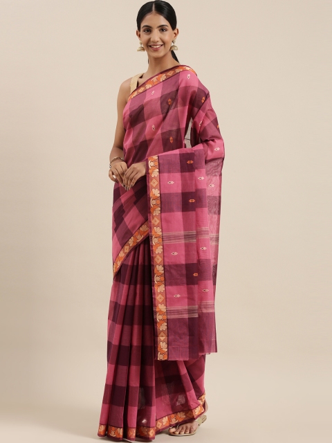 

The Chennai Silks Classicate Pink & Purple Checked Pure Cotton Chettinad Saree