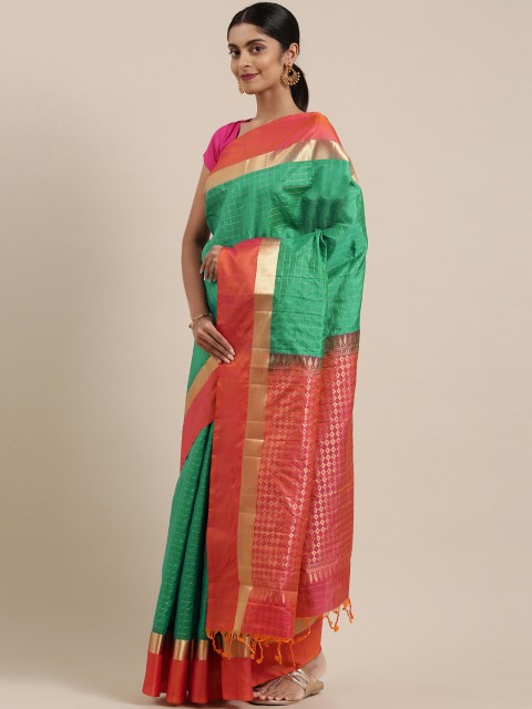 

The Chennai Silks Classicate Teal Green & Golden Checked Zari Pure Silk Kanjeevaram Saree