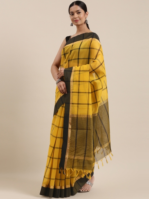 

The Chennai Silks Yellow & Black Checked Silk Cotton Maheshwari Saree