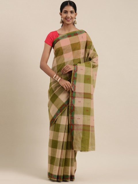 

The Chennai Silks Classicate Green & Beige Checked Pure Cotton Chettinad Saree
