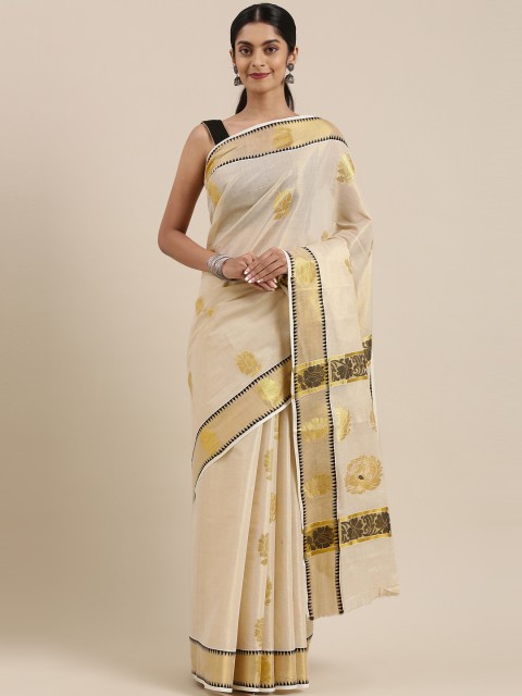 

The Chennai Silks Classicate Off White & Golden Woven Design Zari Pure Cotton Kasavu Saree