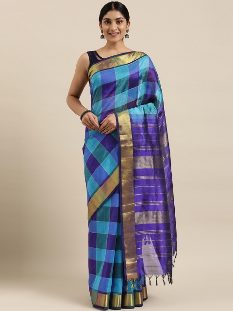 

The Chennai Silks Classicate Blue Checked Silk Cotton Maheshwari Saree