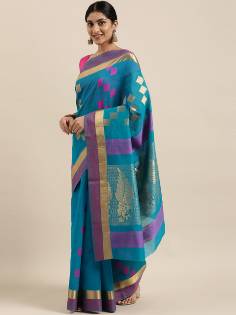 

The Chennai Silks Classicate Teal Blue & Pink Woven Design Silk Cotton Maheshwari Saree