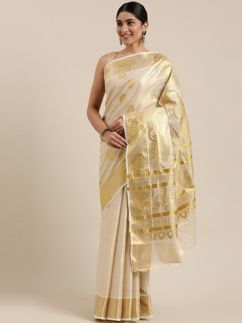 

The Chennai Silks Classicate Cream & Golden Woven Design Zari Pure Cotton Kasavu Saree