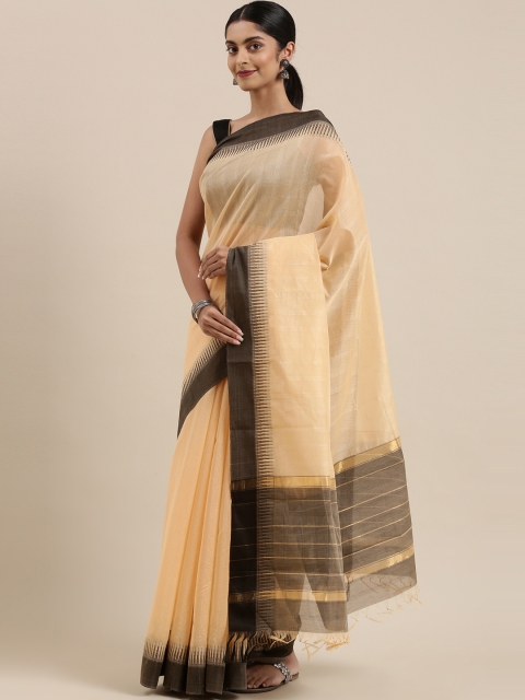 

The Chennai Silks Classicate Beige Checked Silk Cotton Maheshwari Saree