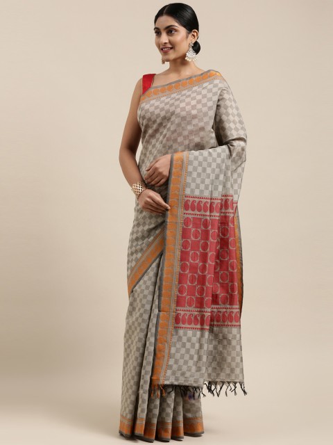 

The Chennai Silks Classicate Grey Checked Silk Cotton Maheshwari Saree